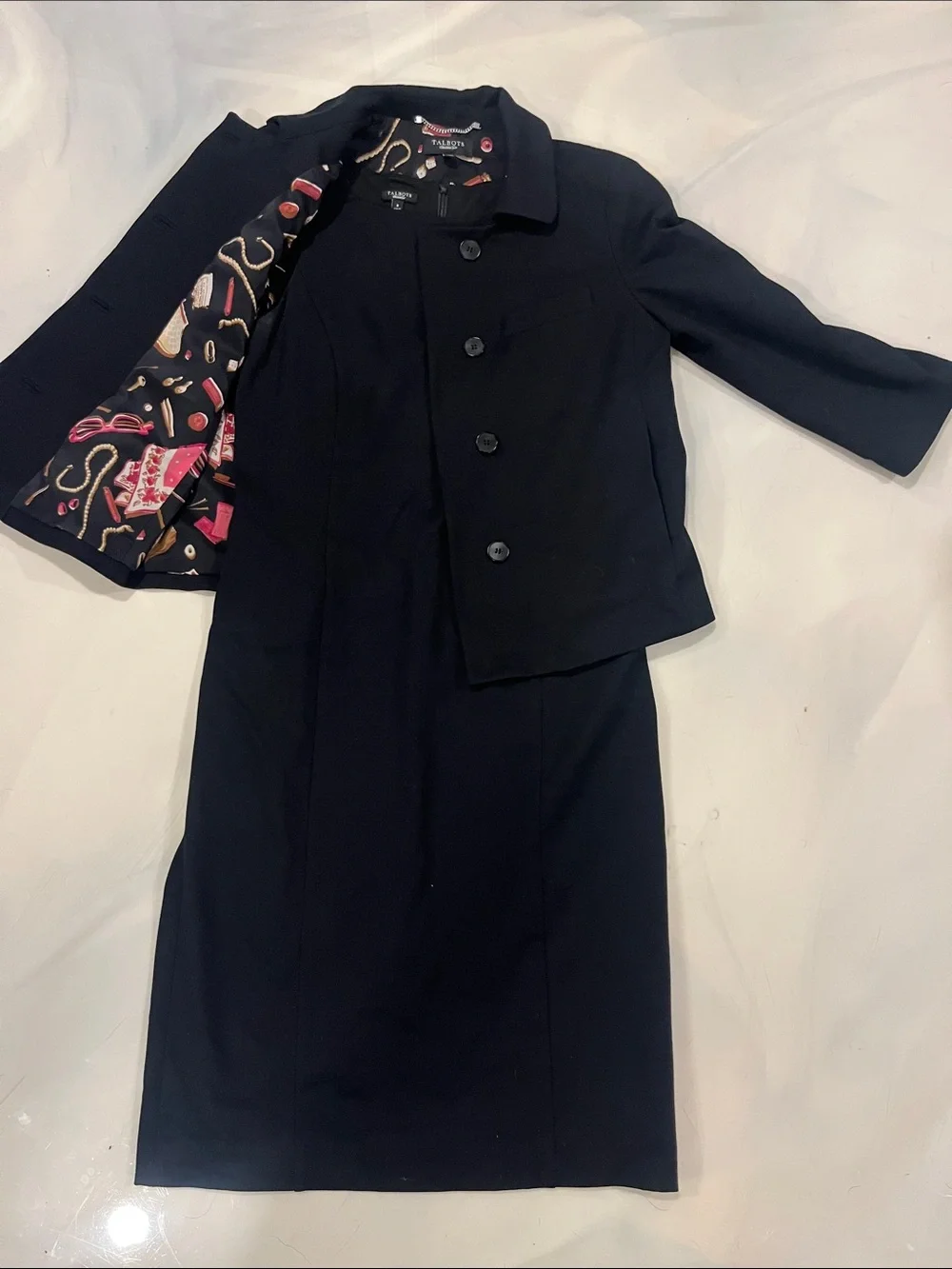 Talbots Black Women's Two-Piece Blazer and pencil dress Set with Printed Lining